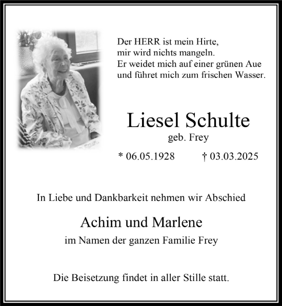Anzeige von Liesel Schulte von  Wochenende 