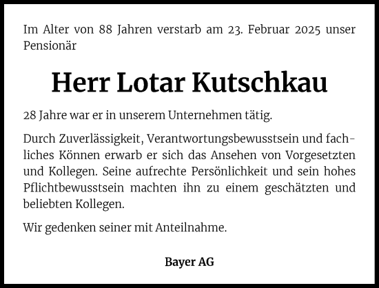 Anzeige von Lotar Kutschkau von Kölner Stadt-Anzeiger / Kölnische Rundschau / Express