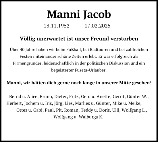 Anzeige von Manni Jacob von Kölner Stadt-Anzeiger / Kölnische Rundschau / Express