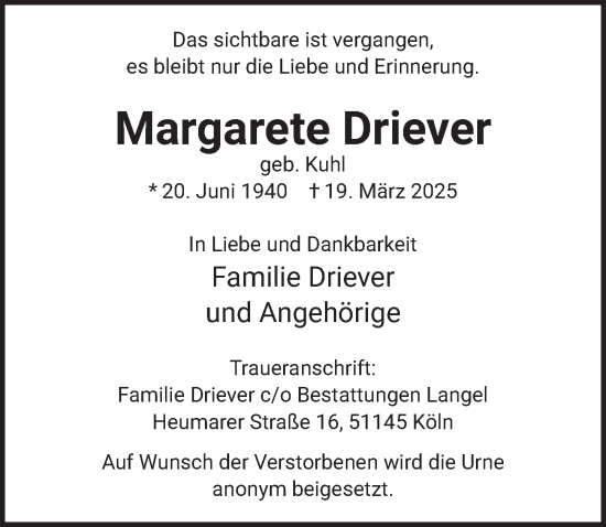 Anzeige von Margarete Driever von  EXPRESS - Die Woche 