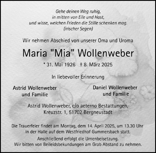 Anzeige von Maria Wollenweber von  Anzeigen Echo 