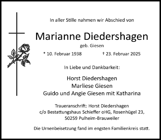 Anzeige von Marianne Diedershagen von  Werbepost 