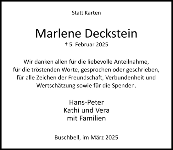 Anzeige von Marlene Deckstein von  Wochenende 