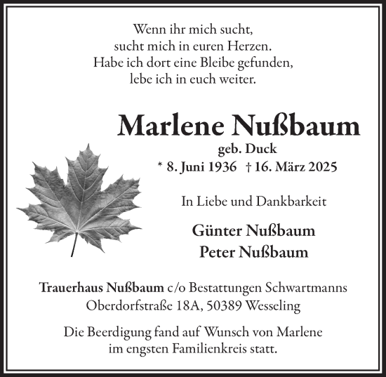 Anzeige von Marlene Nußbaum von  Schlossbote/Werbekurier 