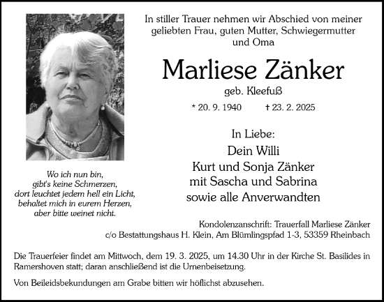 Anzeige von Marliese Zänker von  Schaufenster/Blickpunkt 