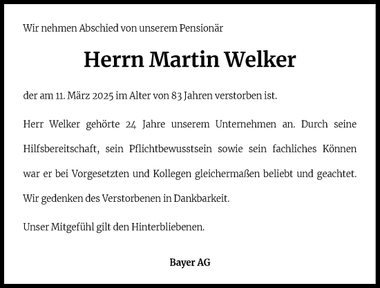 Anzeige von Martin Welker von Kölner Stadt-Anzeiger / Kölnische Rundschau / Express