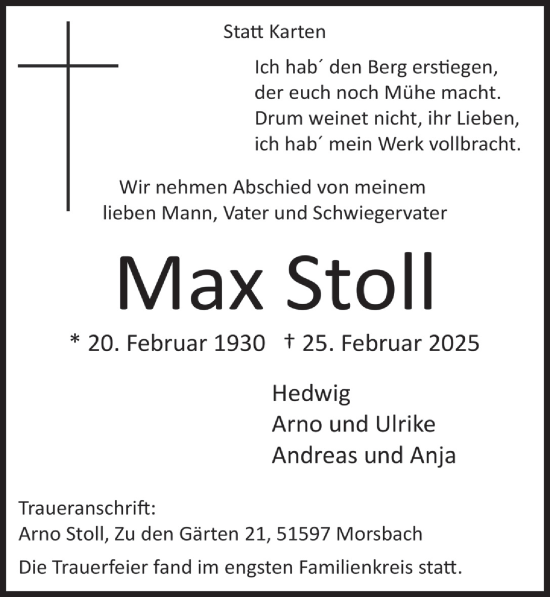 Anzeige von Max Stoll von  Lokalanzeiger 