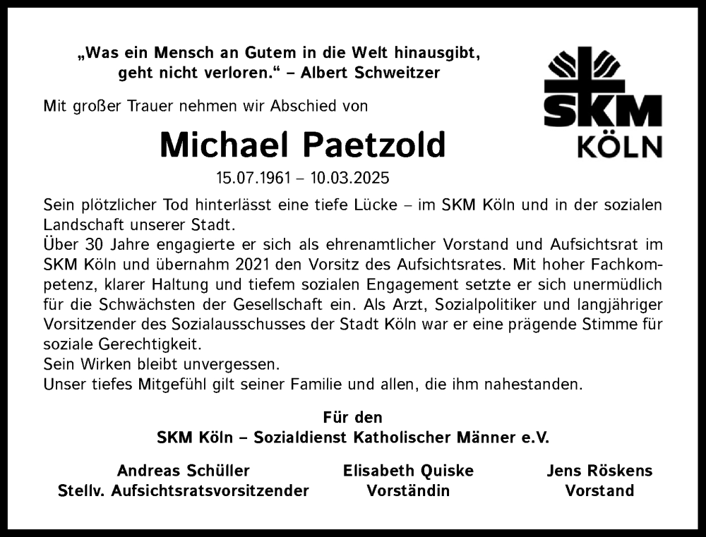  Traueranzeige für Michael Paetzold vom 29.03.2025 aus Kölner Stadt-Anzeiger / Kölnische Rundschau / Express