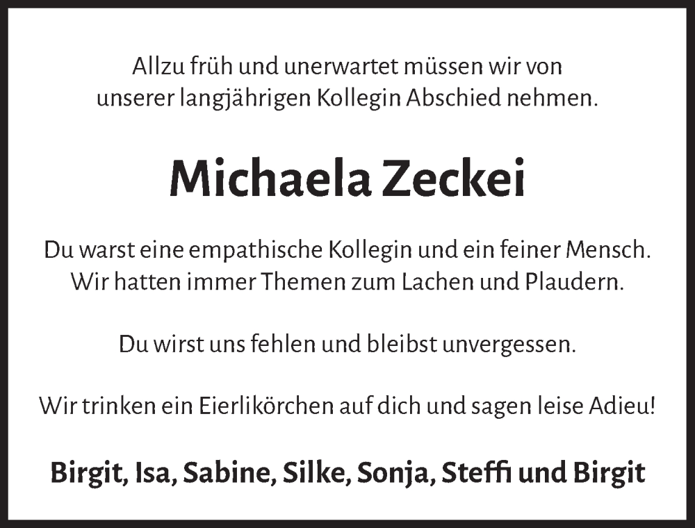  Traueranzeige für Michaela Zeckei vom 21.03.2025 aus  Werbepost 