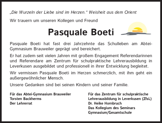 Anzeige von Pasquale Boeti von Kölner Stadt-Anzeiger / Kölnische Rundschau / Express