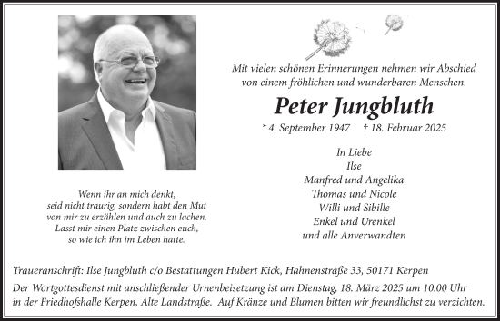 Anzeige von Peter Jungbluth von  Werbepost 