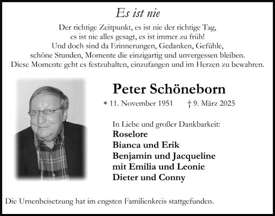 Anzeige von Peter Schöneborn von  Anzeigen Echo 