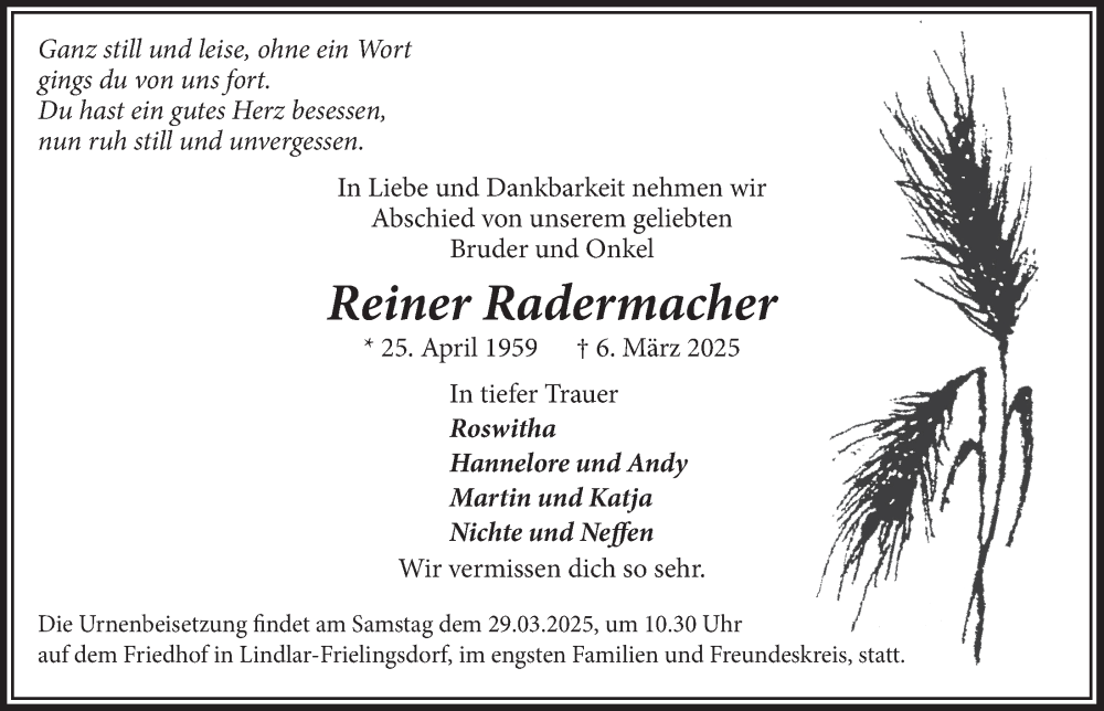  Traueranzeige für Reiner Radermacher vom 21.03.2025 aus  Anzeigen Echo 