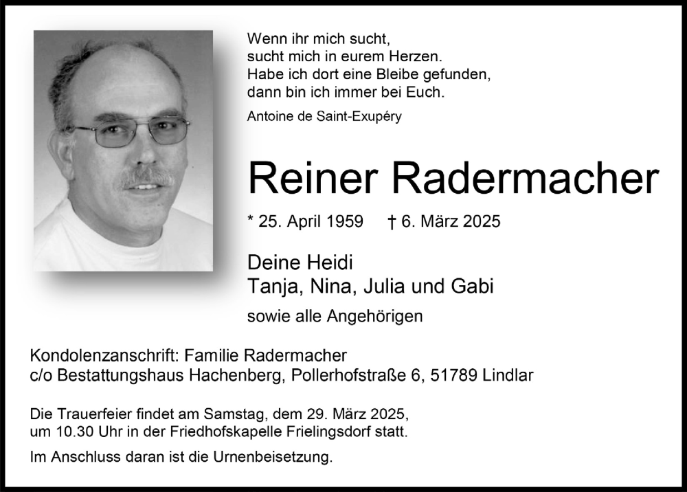  Traueranzeige für Reiner Radermacher vom 21.03.2025 aus  Anzeigen Echo 