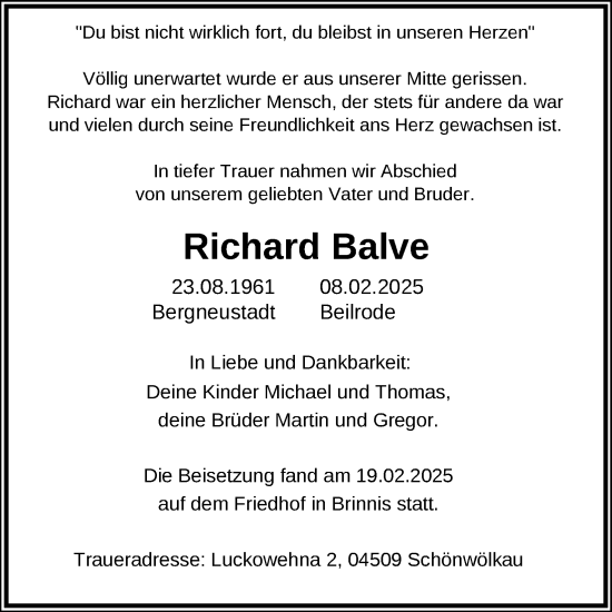 Anzeige von Richard Balve von Kölner Stadt-Anzeiger / Kölnische Rundschau / Express