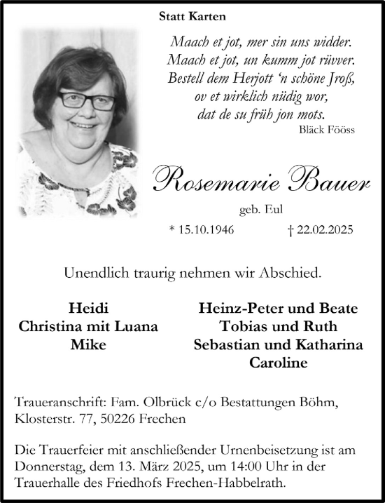 Anzeige von Rosemarie Bauer von  Wochenende 