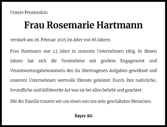 Anzeige von Rosemarie Hartmann von Kölner Stadt-Anzeiger / Kölnische Rundschau / Express
