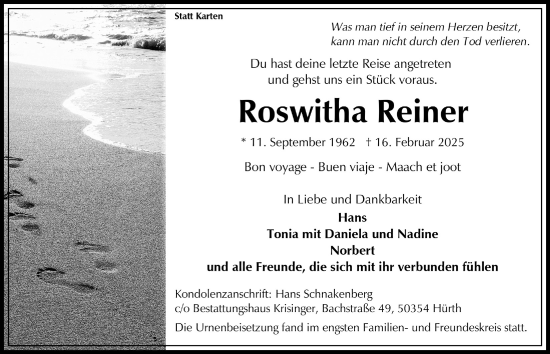 Anzeige von Roswitha Reiner von  Wochenende 