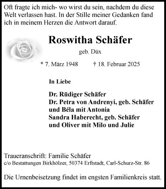 Anzeige von Roswitha Schäfer von Kölner Stadt-Anzeiger / Kölnische Rundschau / Express