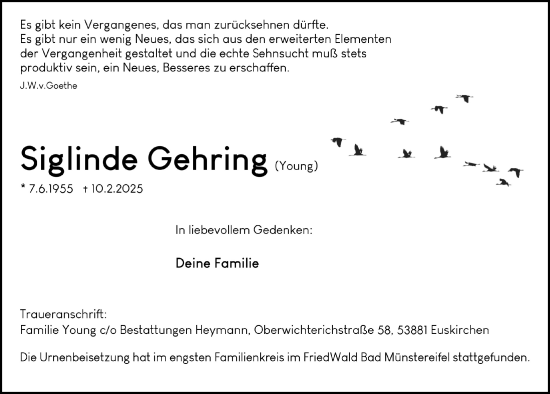 Anzeige von Siglinde Gehring von  Blickpunkt Euskirchen 