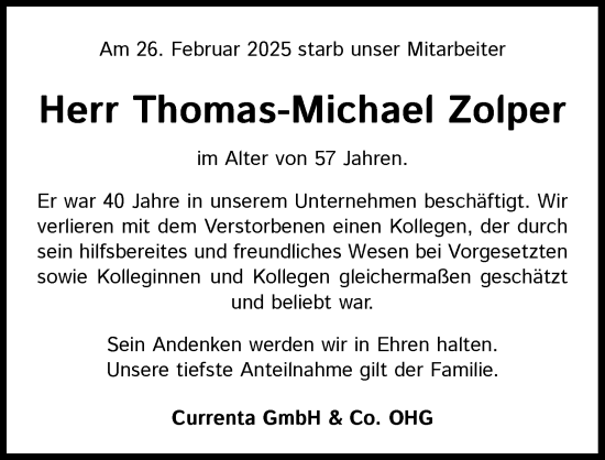 Anzeige von Thomas-Michael Zolper von Kölner Stadt-Anzeiger / Kölnische Rundschau / Express