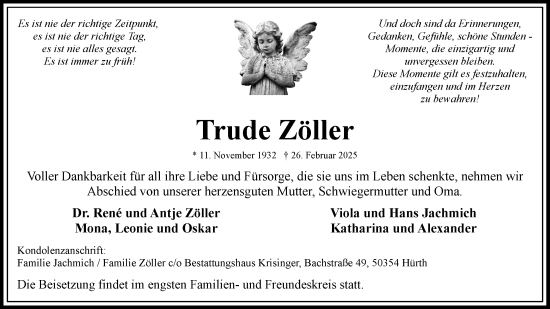 Anzeige von Trude Zöller von Kölner Stadt-Anzeiger / Kölnische Rundschau / Express