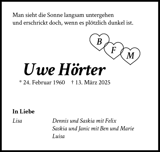 Anzeige von Uwe Hörter von Kölner Stadt-Anzeiger / Kölnische Rundschau / Express