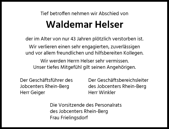 Anzeige von Waldemar Helser von Kölner Stadt-Anzeiger / Kölnische Rundschau / Express