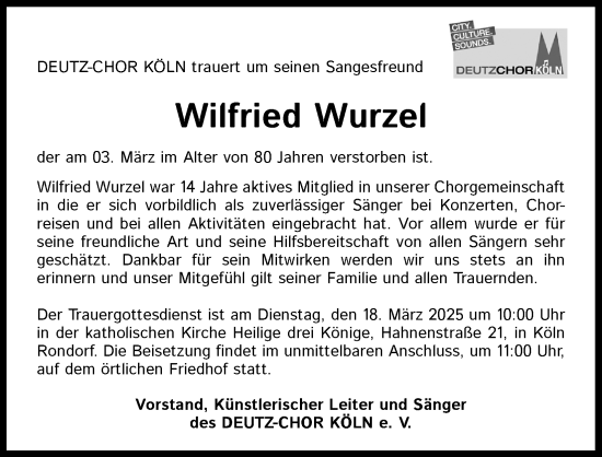 Anzeige von Wilfried Wurzel von Kölner Stadt-Anzeiger / Kölnische Rundschau / Express