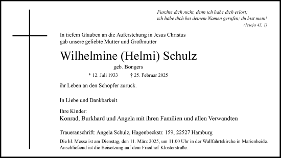 Anzeige von Wilhelmine Schulz von Kölner Stadt-Anzeiger / Kölnische Rundschau / Express