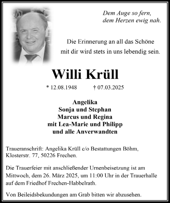 Anzeige von Willi Krüll von  Wochenende 