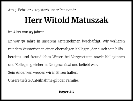 Anzeige von Witold Matuszak von Kölner Stadt-Anzeiger / Kölnische Rundschau / Express