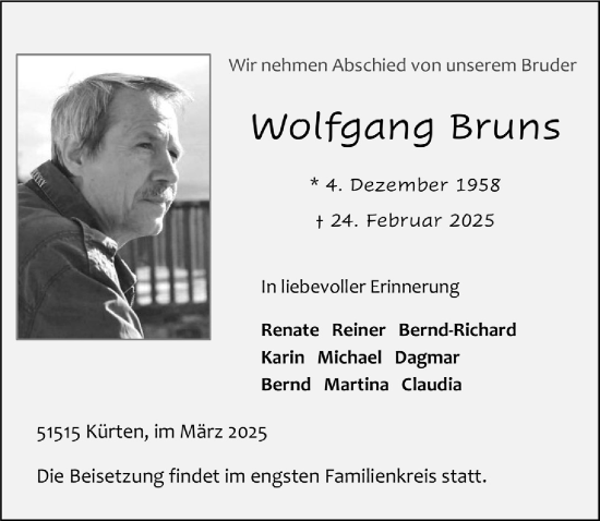 Anzeige von Wolfgang Bruns von  Bergisches Handelsblatt 