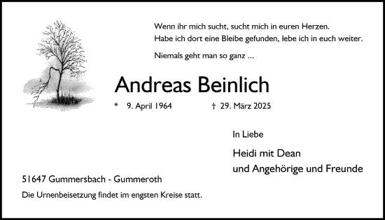 Anzeige von Andreas Beinlich von  Anzeigen Echo 