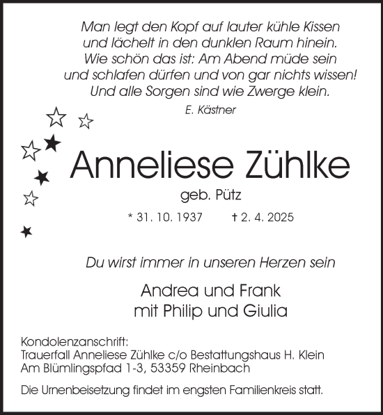 Anzeige von Anneliese Zühlke von  Schaufenster/Blickpunkt 