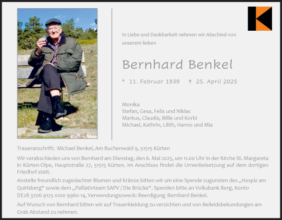 Anzeige von Bernhard Benkel von Kölner Stadt-Anzeiger / Kölnische Rundschau / Express