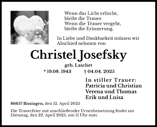 Anzeige von Christel Josefsky von Kölner Stadt-Anzeiger / Kölnische Rundschau / Express