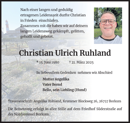 Anzeige von Christian Ulrich Ruhland von Kölner Stadt-Anzeiger / Kölnische Rundschau / Express