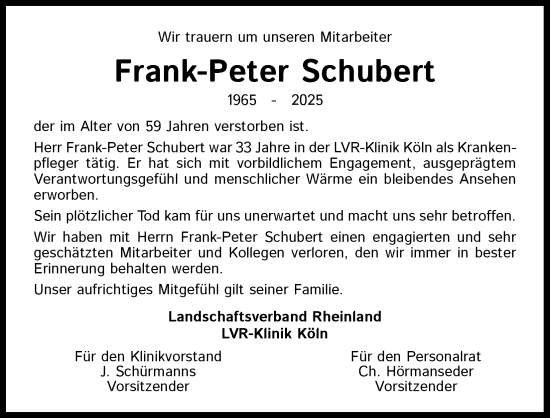 Anzeige von Frank-Peter Schubert von Kölner Stadt-Anzeiger / Kölnische Rundschau / Express