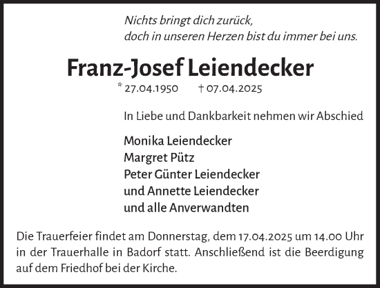 Anzeige von Franz-Josef Leiendecker von  Schlossbote/Werbekurier 