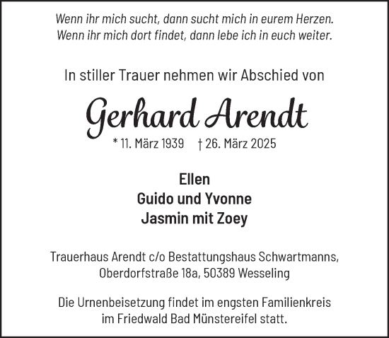 Anzeige von Gerhard Arendt von  Schlossbote/Werbekurier 