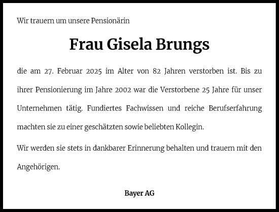 Anzeige von Gisela Brungs von Kölner Stadt-Anzeiger / Kölnische Rundschau / Express