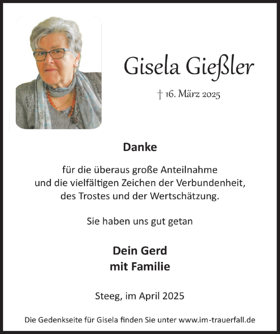 Anzeige von Gisela Gießler von  Lokalanzeiger 