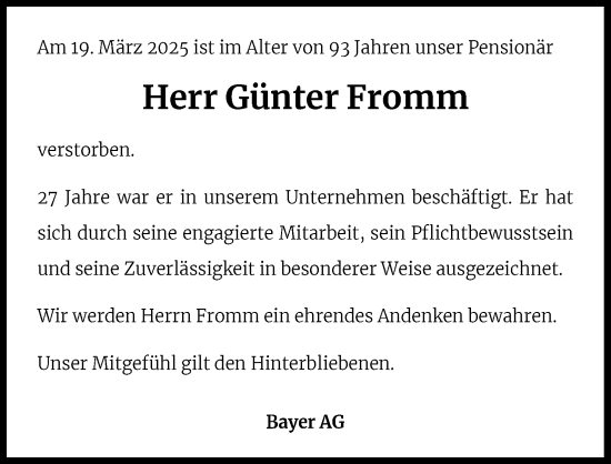 Anzeige von GÃ¼nter Fromm von Kölner Stadt-Anzeiger / Kölnische Rundschau / Express
