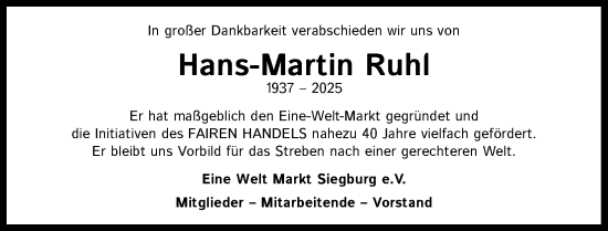 Anzeige von Hans-Martin Ruhl von Kölner Stadt-Anzeiger / Kölnische Rundschau / Express