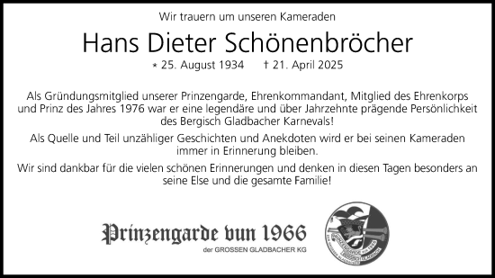 Anzeige von Hans Dieter Schönenbröcher von Kölner Stadt-Anzeiger / Kölnische Rundschau / Express