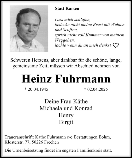 Anzeige von Heinz Fuhrmann von  Wochenende 