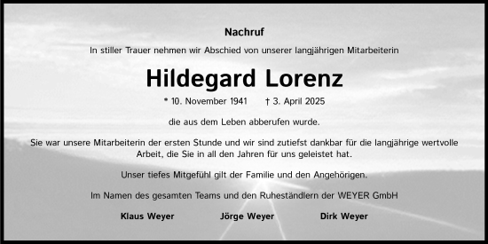 Anzeige von Hildegard Lorenz von Kölner Stadt-Anzeiger / Kölnische Rundschau / Express