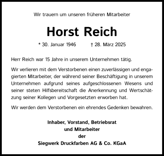 Anzeige von Horst Reich von Kölner Stadt-Anzeiger / Kölnische Rundschau / Express