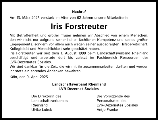 Anzeige von Iris Forstreuter von Kölner Stadt-Anzeiger / Kölnische Rundschau / Express